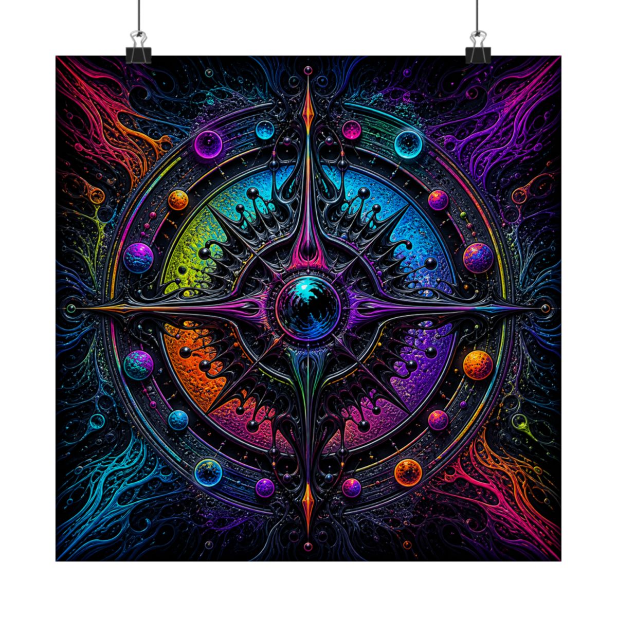 Ferrofluid Dream Compass KOSVYRE art print product mockup, alternate front view