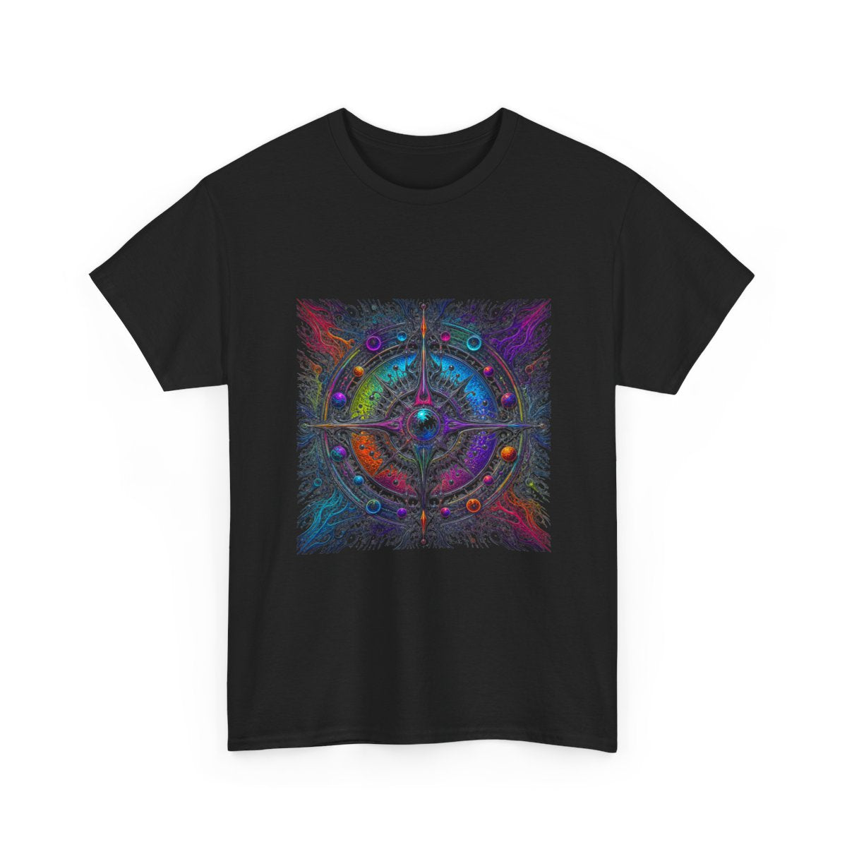 Ferrofluid Dream Compass KOSVYRE graphic tee product mockup, alternate front view