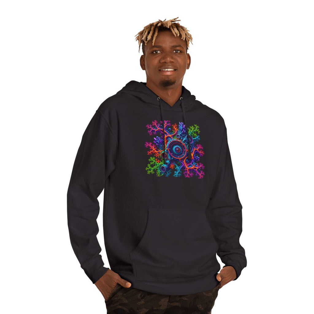Fractal Coral Engine KOSVYRE hoodie product mockup, person 2 front view