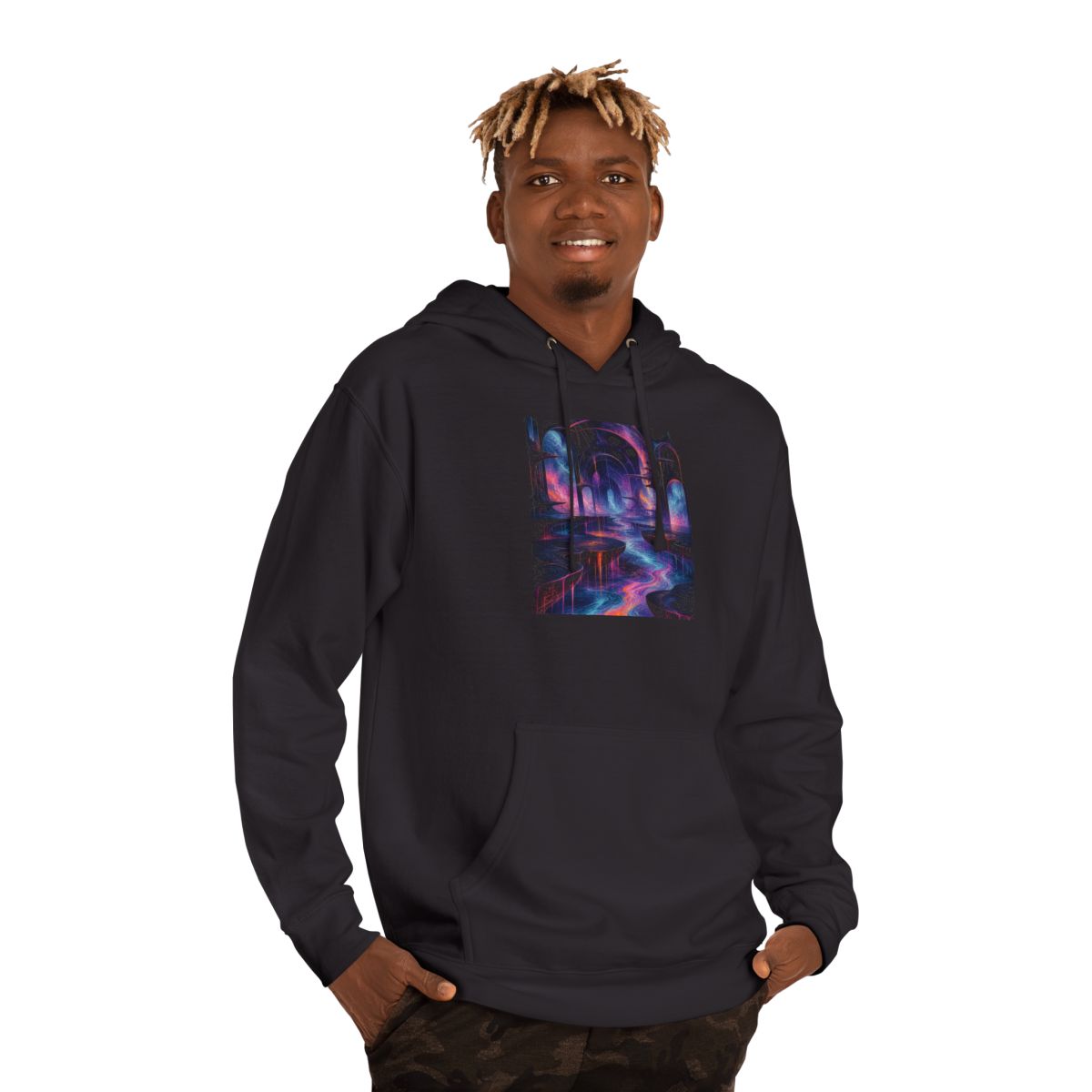 Ghost Relay Basin KOSVYRE hoodie product mockup, person 2 front view