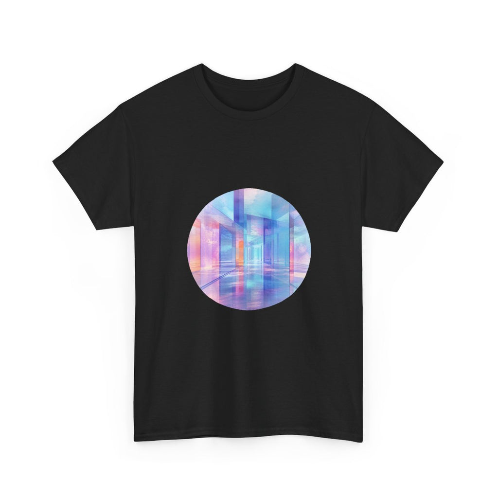 Glass Memory Corridor KOSVYRE graphic tee product mockup, alternate front view