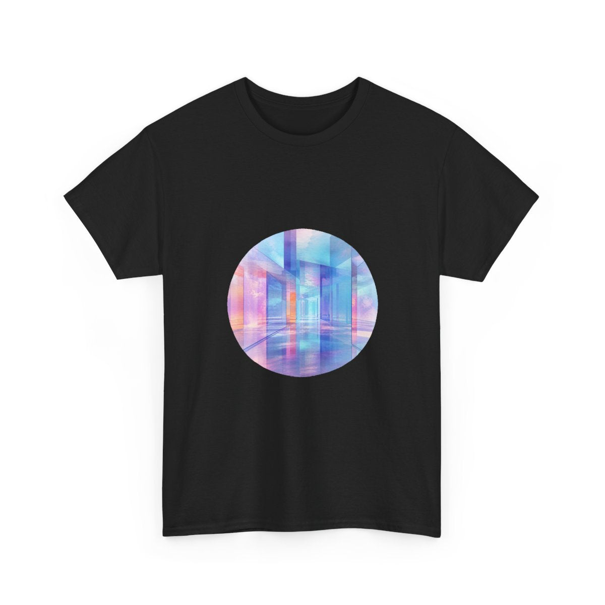 Glass Memory Corridor KOSVYRE graphic tee product mockup, alternate front view