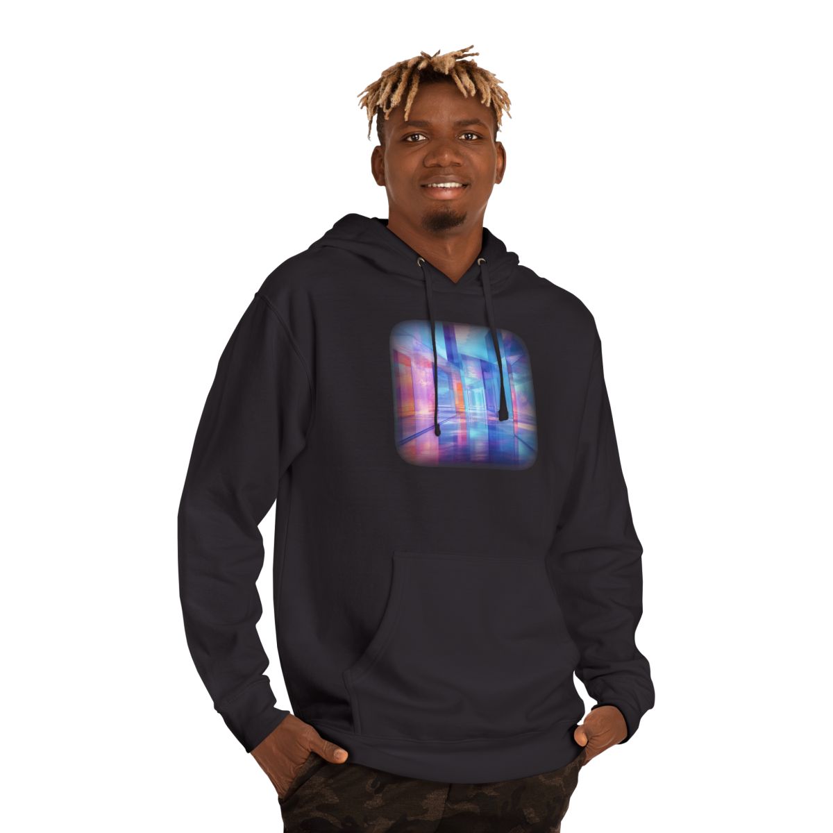 Glass Memory Corridor KOSVYRE hoodie product mockup, person 2 front view