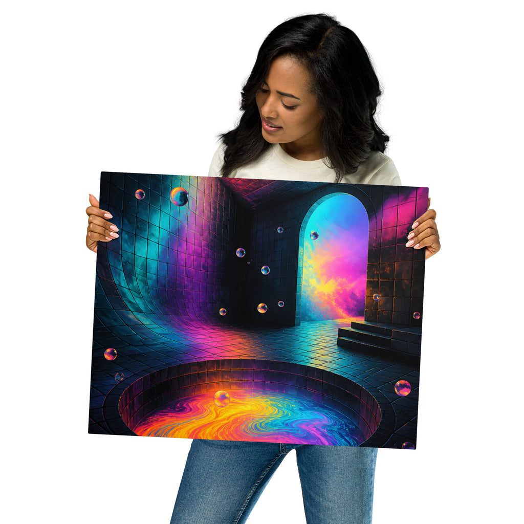 Woman holding the 16 by 20 inch Liminal Colorwell glossy metal print for scale