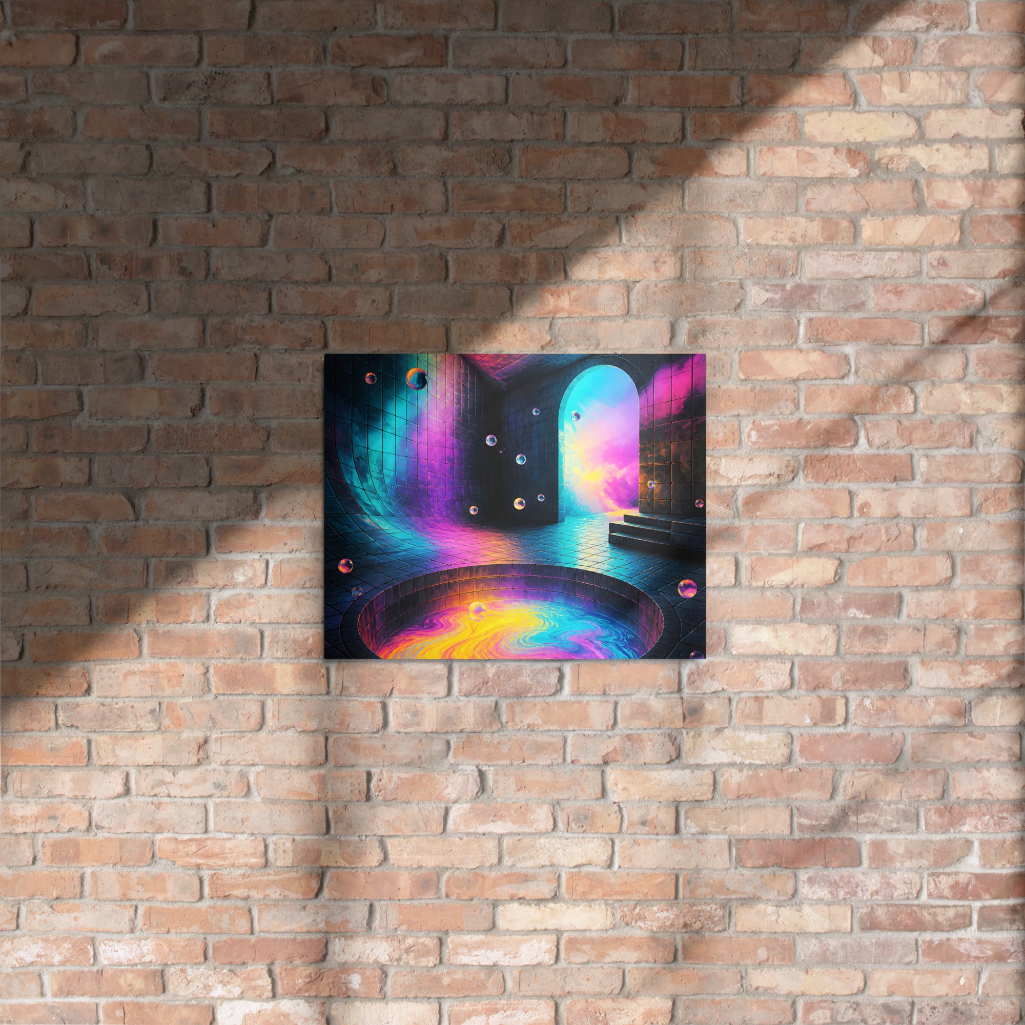 16 by 20 inch Liminal Colorwell glossy metal print displayed on a brick wall
