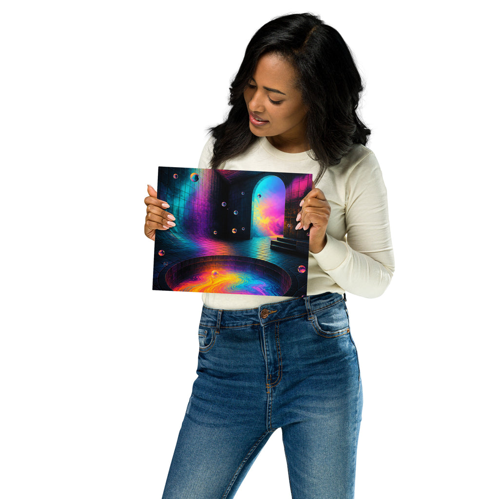 Woman holding the 8 by 10 inch Liminal Colorwell glossy metal print for scale