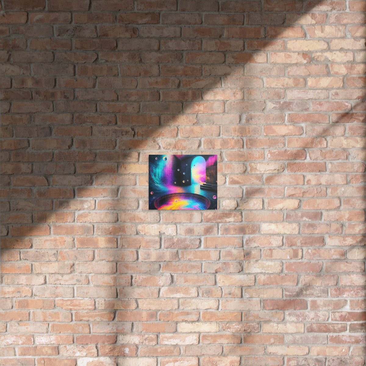 8 by 10 inch Liminal Colorwell glossy metal print displayed on a brick wall