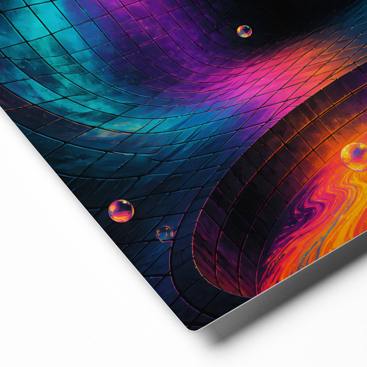 Close-up of the Liminal Colorwell metal print showing glossy color and mounting hardware