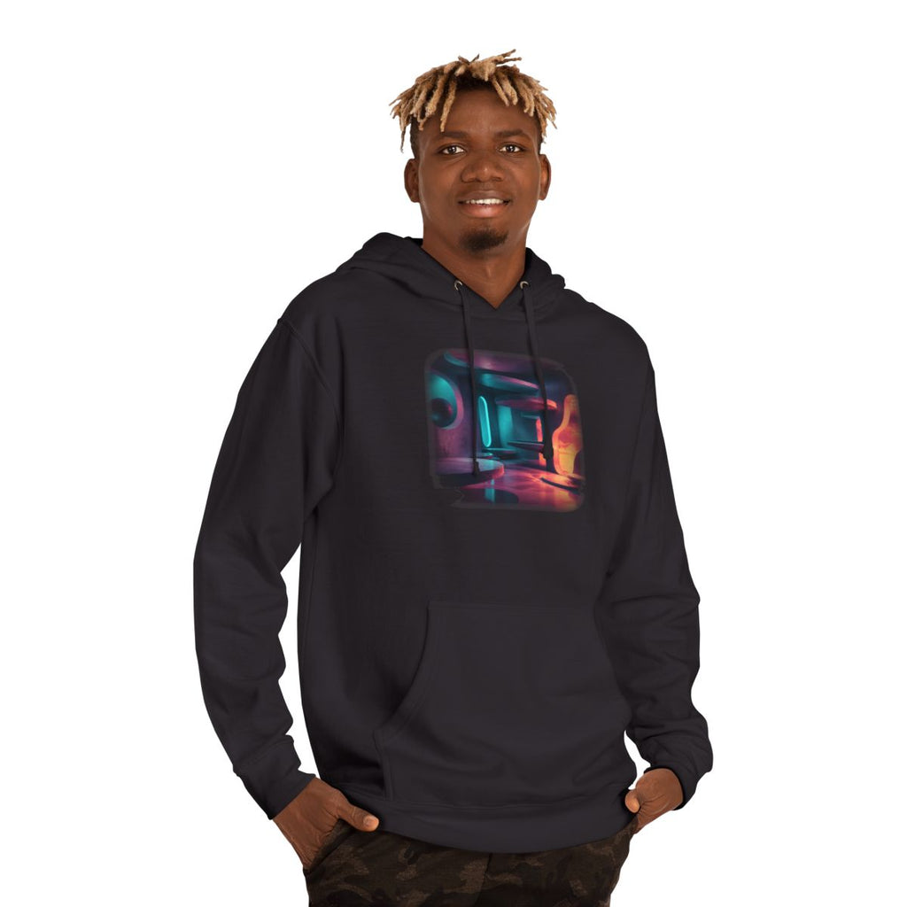 Hollow Signal Apartment KOSVYRE hoodie product mockup, person 2 front view