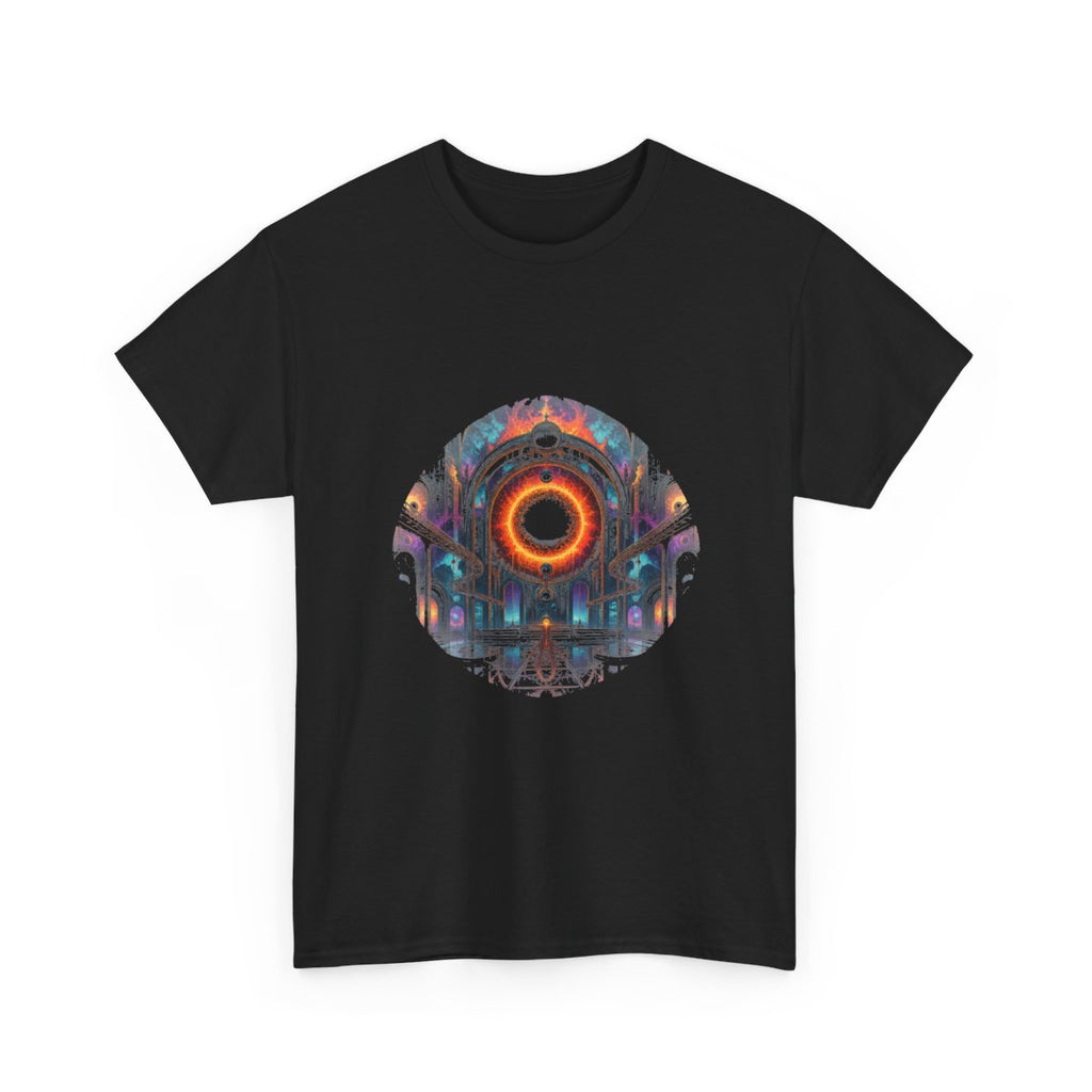 Hollow Sun Terminal KOSVYRE graphic tee product mockup, alternate front view