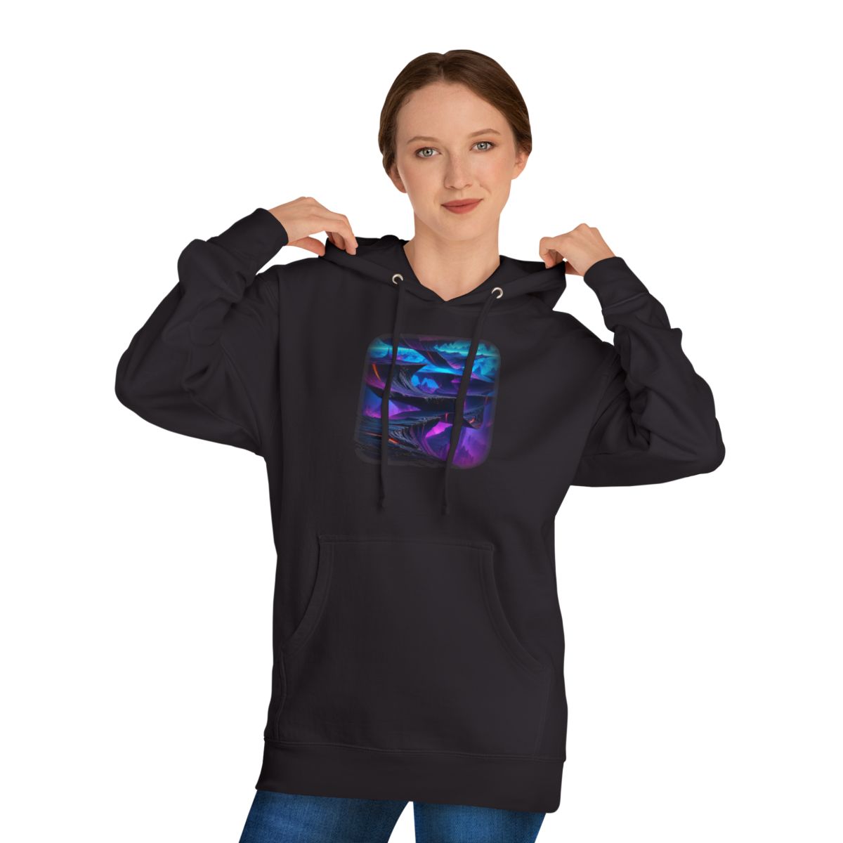 Horizon Fold Array KOSVYRE hoodie product mockup, person 1 front view