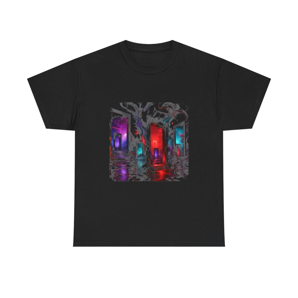 Infrared Orchard of Doors KOSVYRE graphic tee product mockup, front view