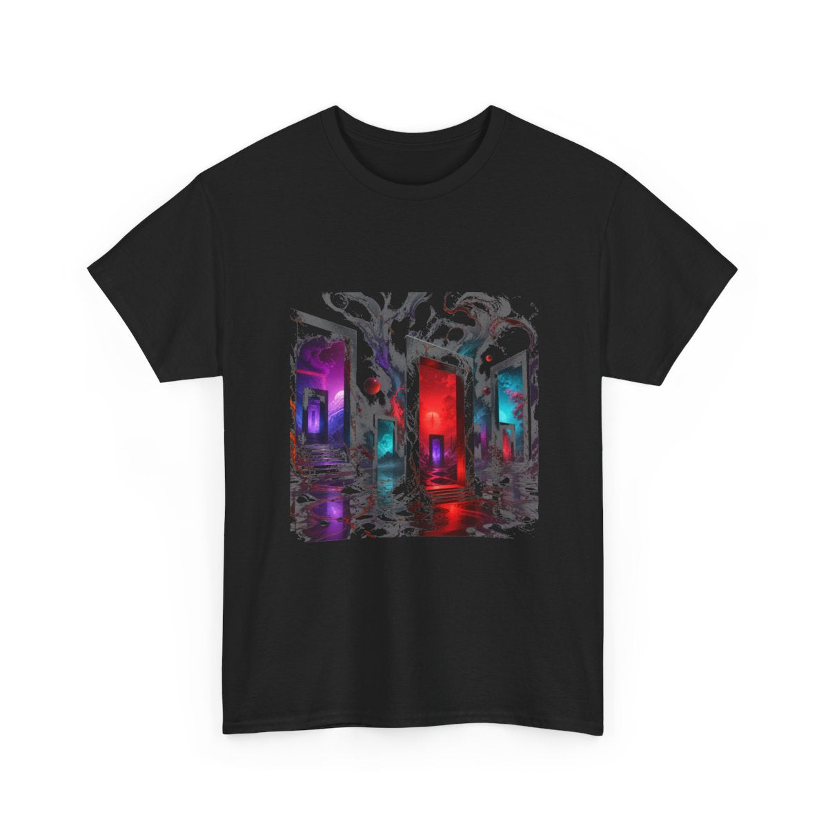 Infrared Orchard of Doors KOSVYRE graphic tee product mockup, alternate front view
