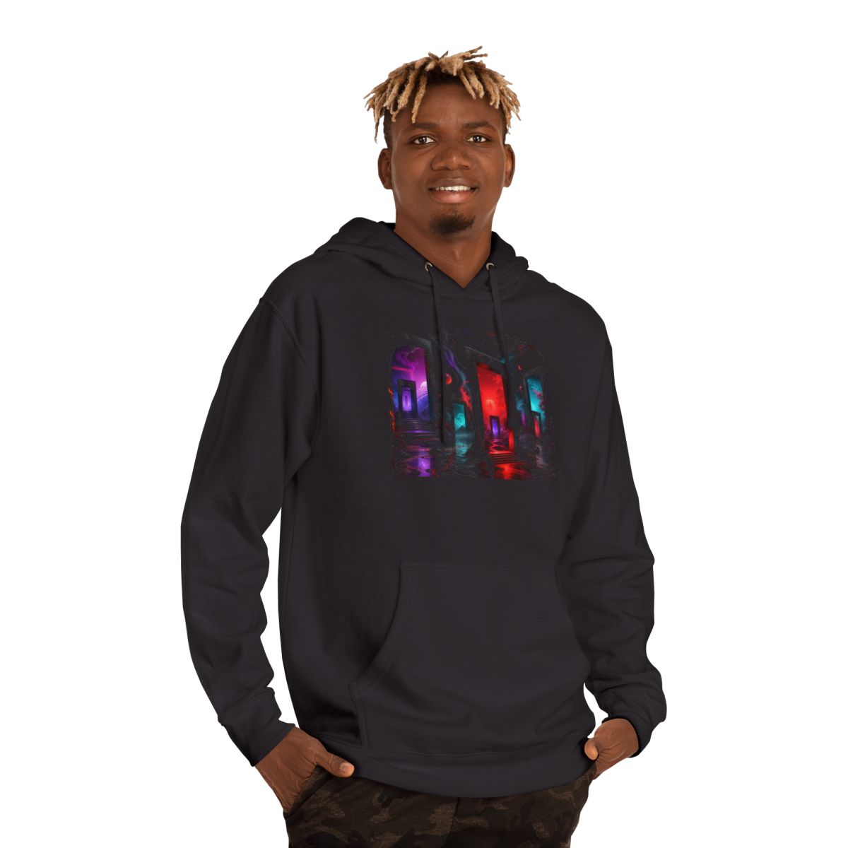 Infrared Orchard of Doors KOSVYRE hoodie product mockup, person 2 front view