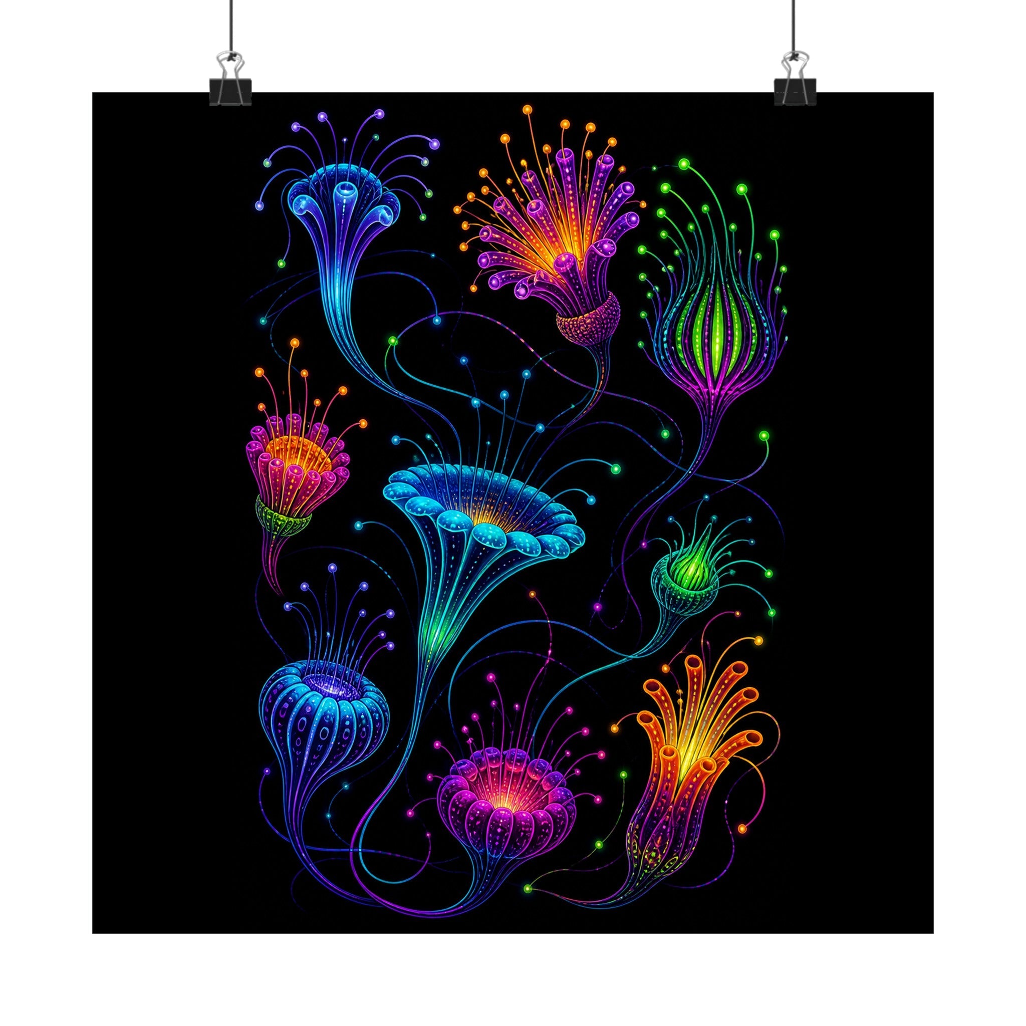 Blacklight Bloom Relay original KOSVYRE art print displayed with binder clips