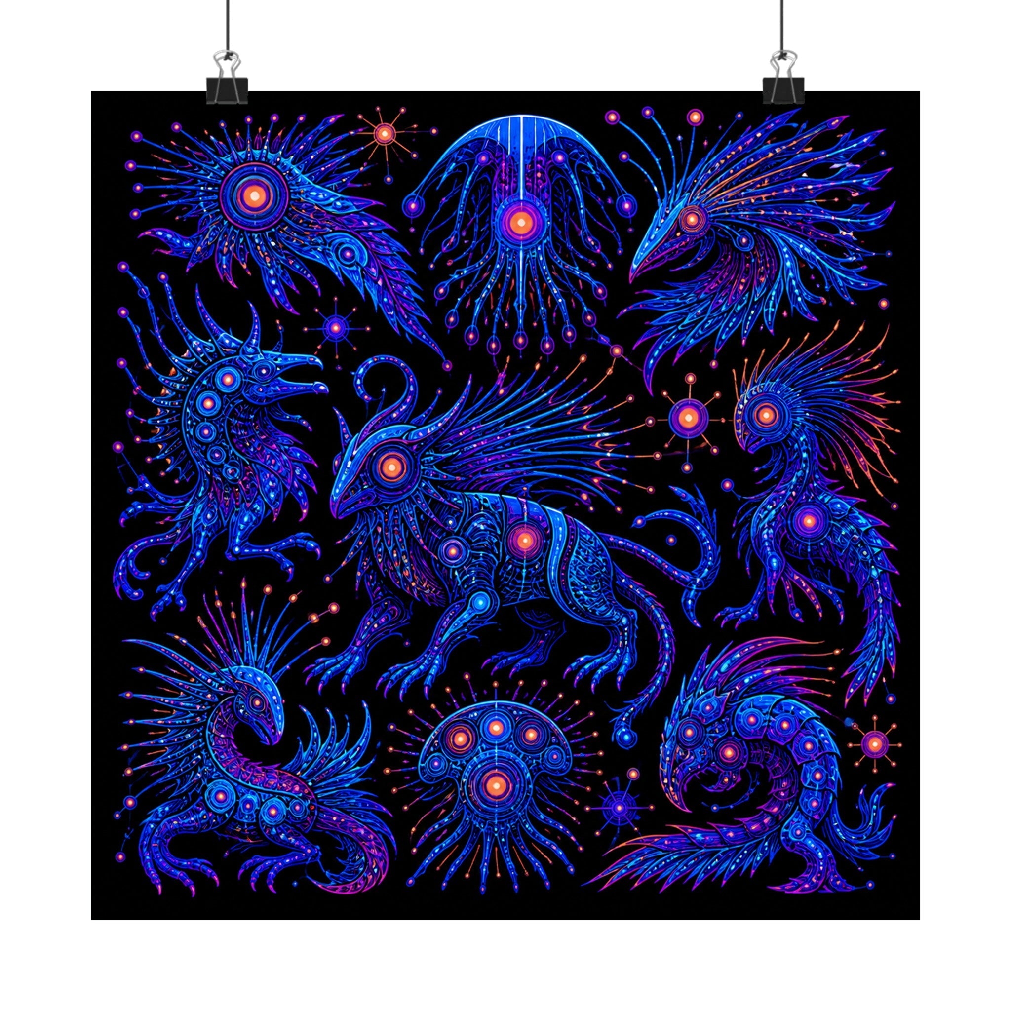 Blue Static Menagerie original KOSVYRE art print displayed with binder clips