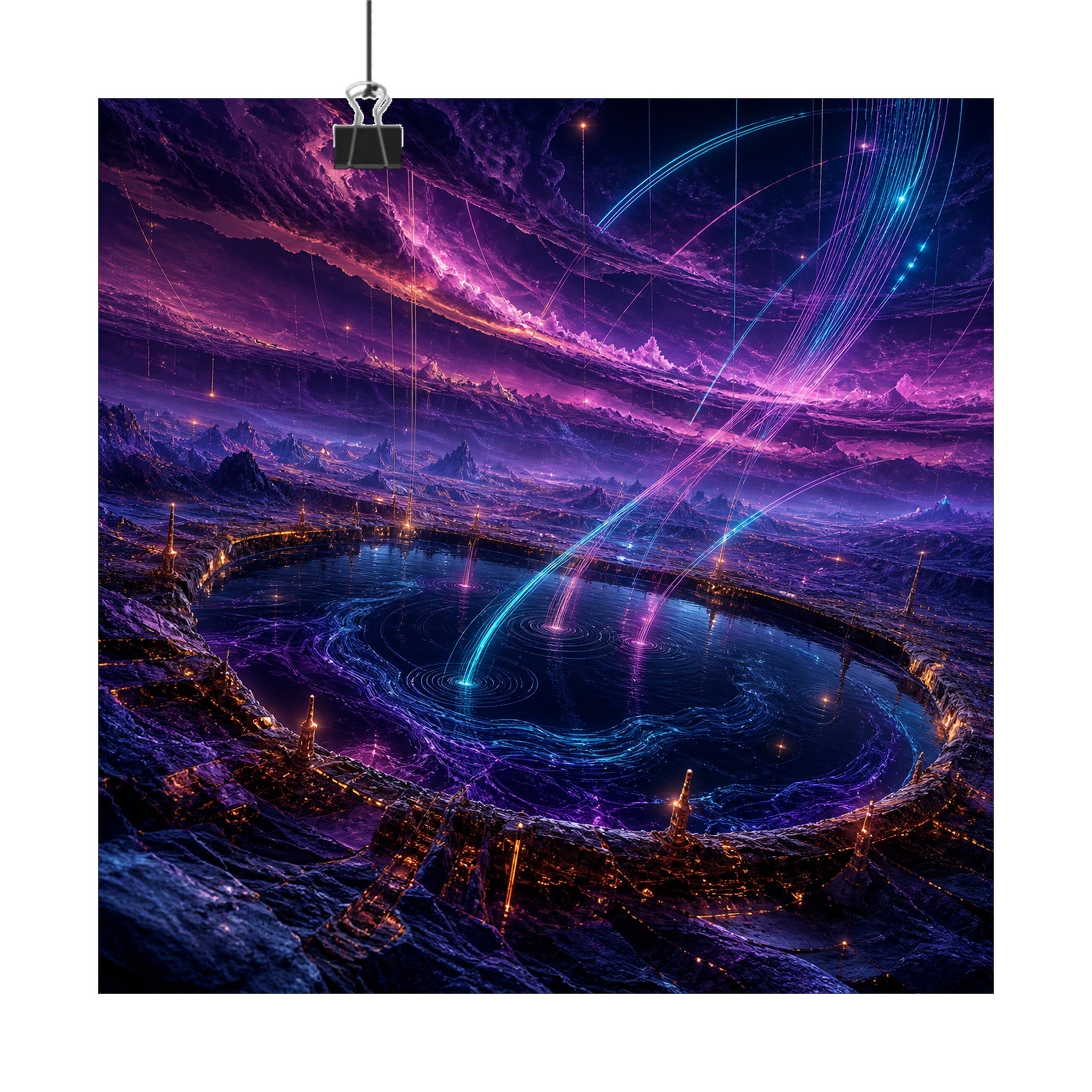 Dusk Relay Basin original KOSVYRE art print displayed with binder clips