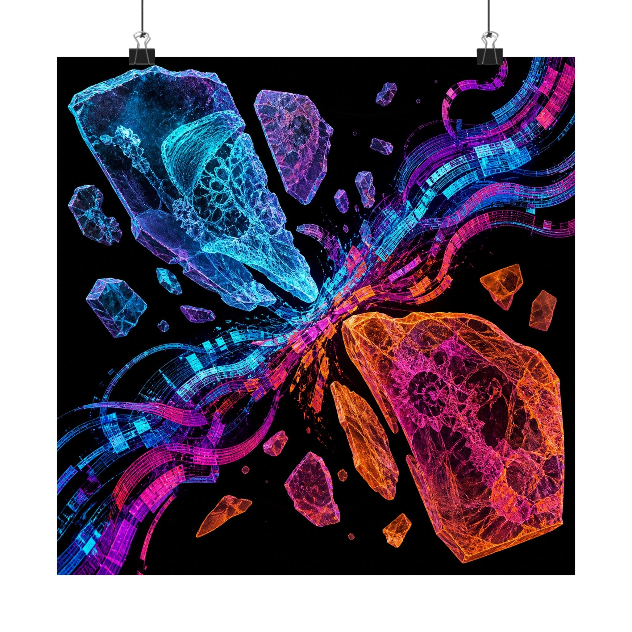 Hologram Fossil Exchange original KOSVYRE art print displayed with binder clips