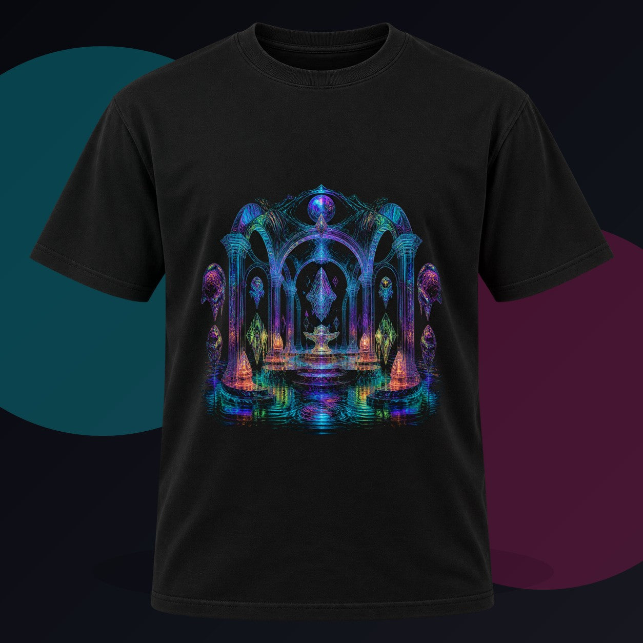 Holographic Tidal Crypt original KOSVYRE design on a black graphic tee against a graphite studio background