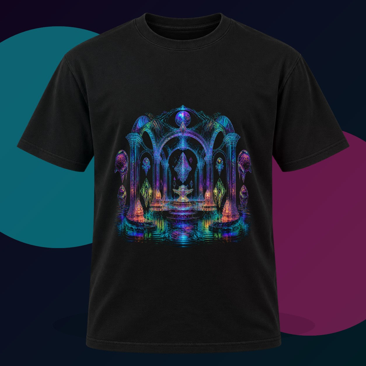 Holographic Tidal Crypt original KOSVYRE design on a black graphic tee with cyan and violet studio lighting