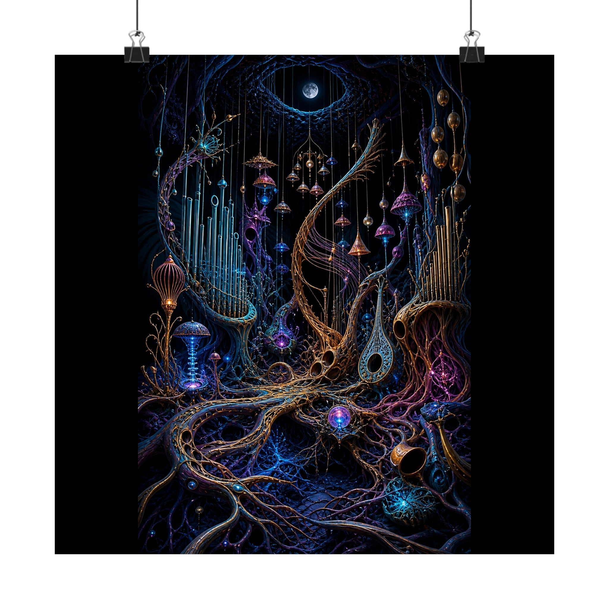 Lunar Root Orchestra original KOSVYRE art print displayed with binder clips
