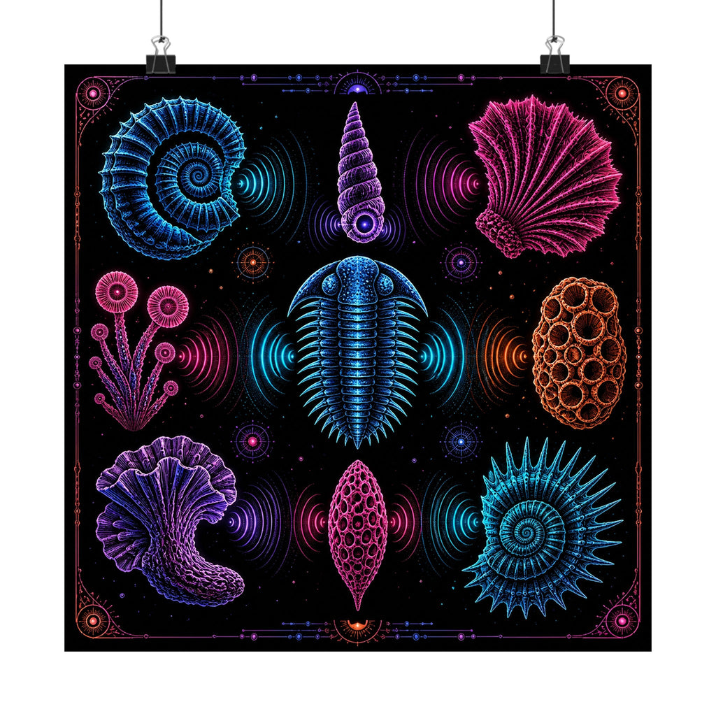 Neon Fossil Choir original KOSVYRE art print displayed with binder clips