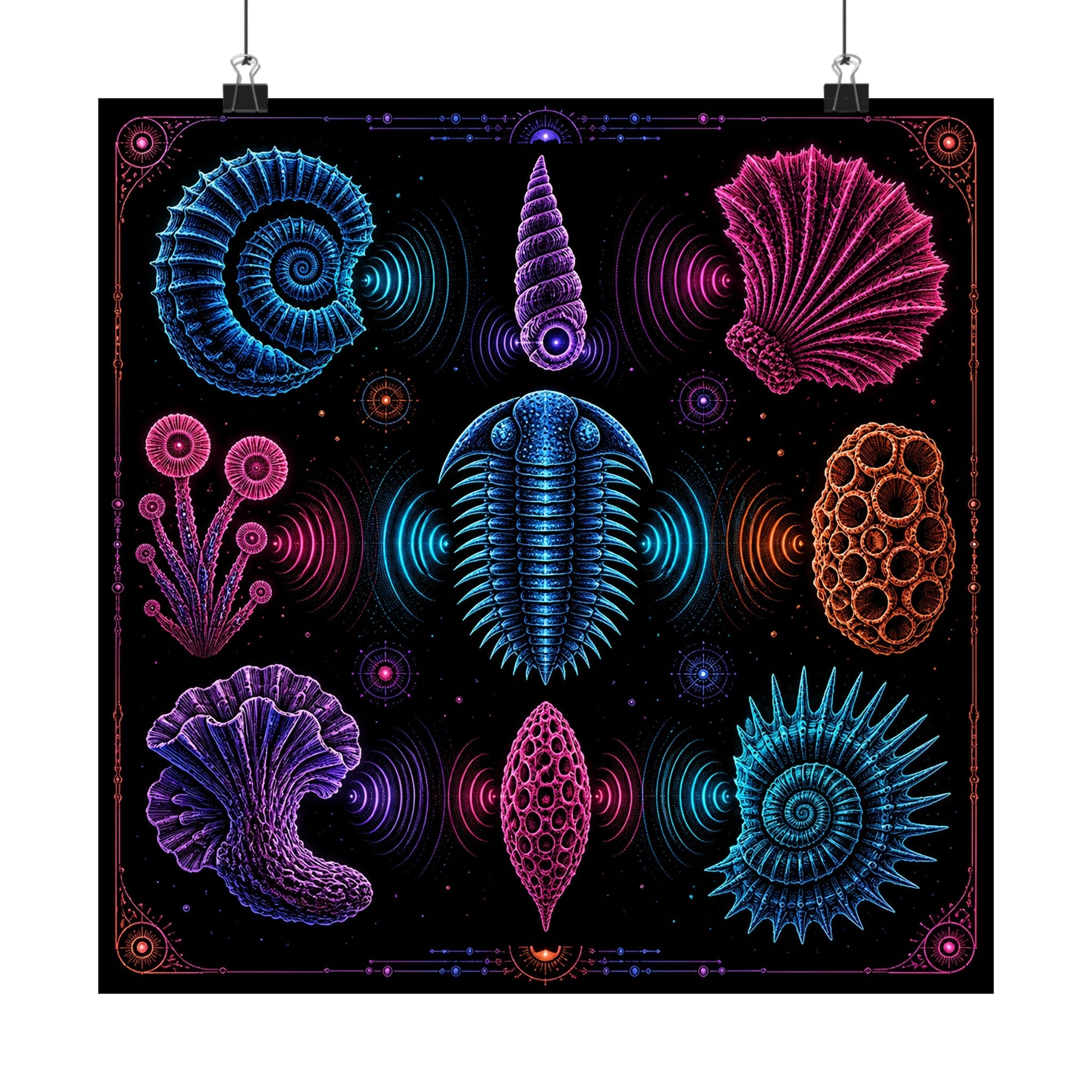 Neon Fossil Choir original KOSVYRE art print displayed with binder clips