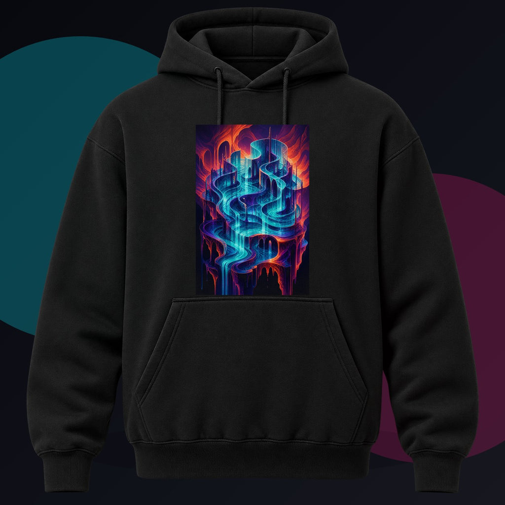 Neon Tidal Archive original KOSVYRE design on a black hoodie against a graphite studio background