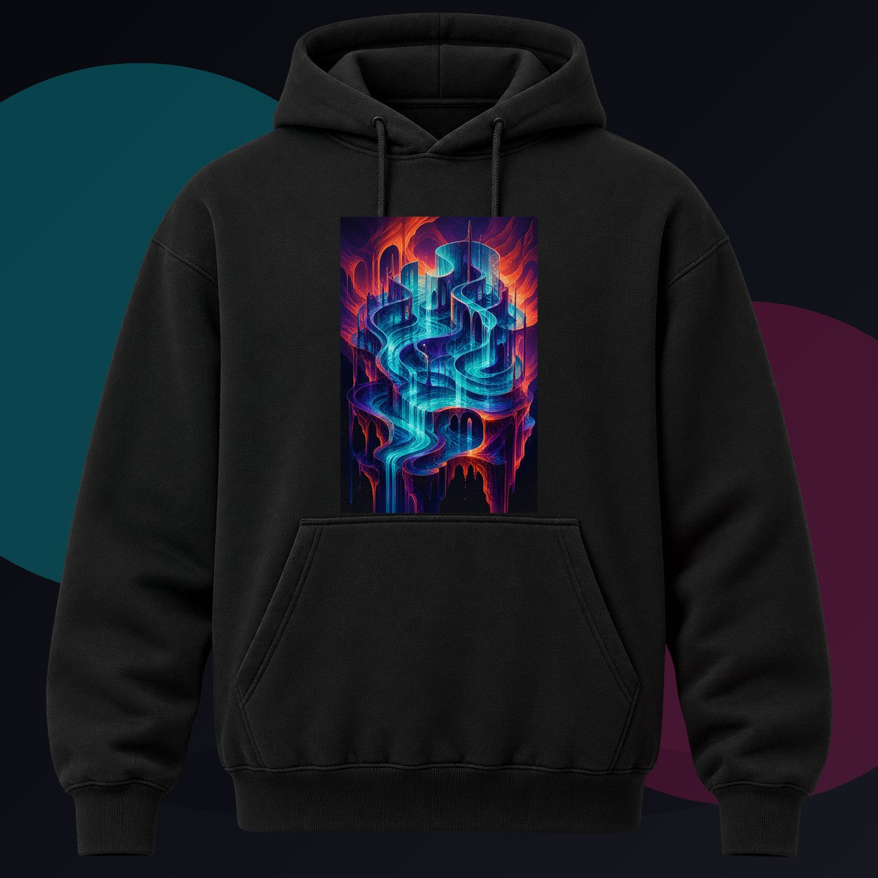 Neon Tidal Archive original KOSVYRE design on a black hoodie against a graphite studio background