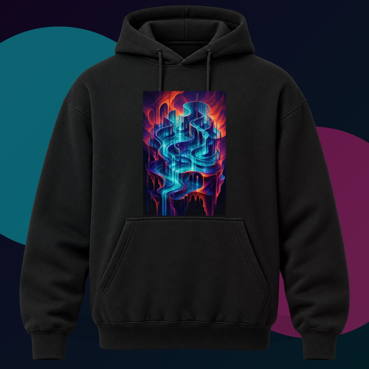 Neon Tidal Archive original KOSVYRE design on a black hoodie with cyan and violet studio lighting