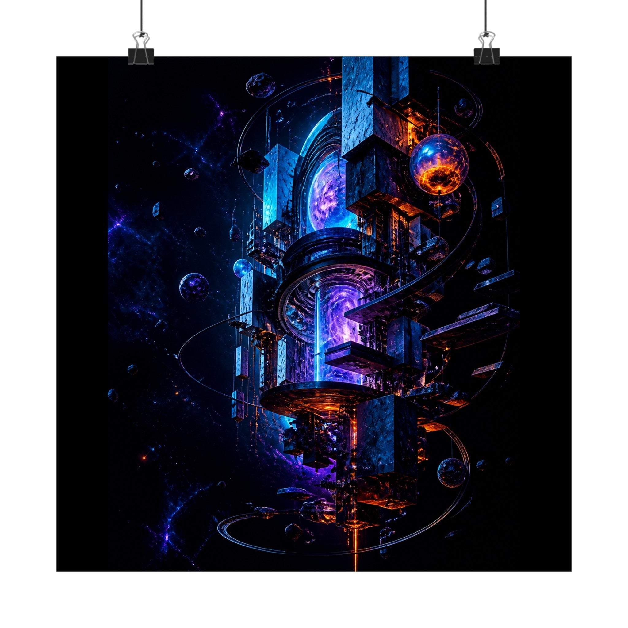 Orbiting Archive Engine original KOSVYRE art print displayed with binder clips