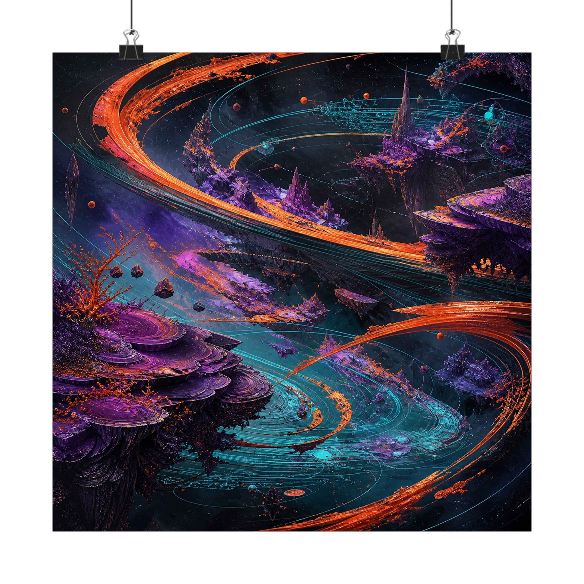 Vermilion Orbital Reef original KOSVYRE art print displayed with binder clips