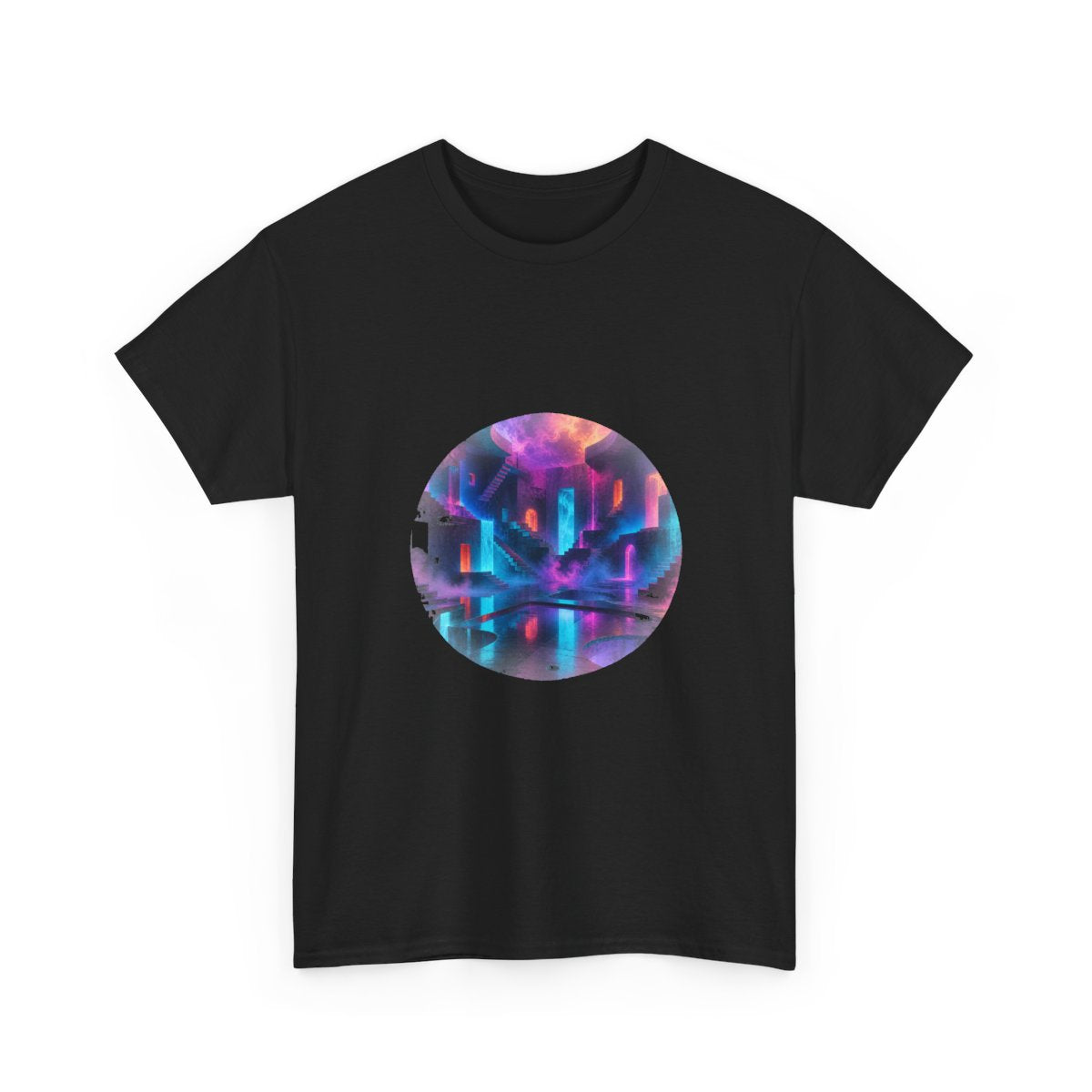 Liminal Neon Reservoir KOSVYRE graphic tee product mockup, alternate front view
