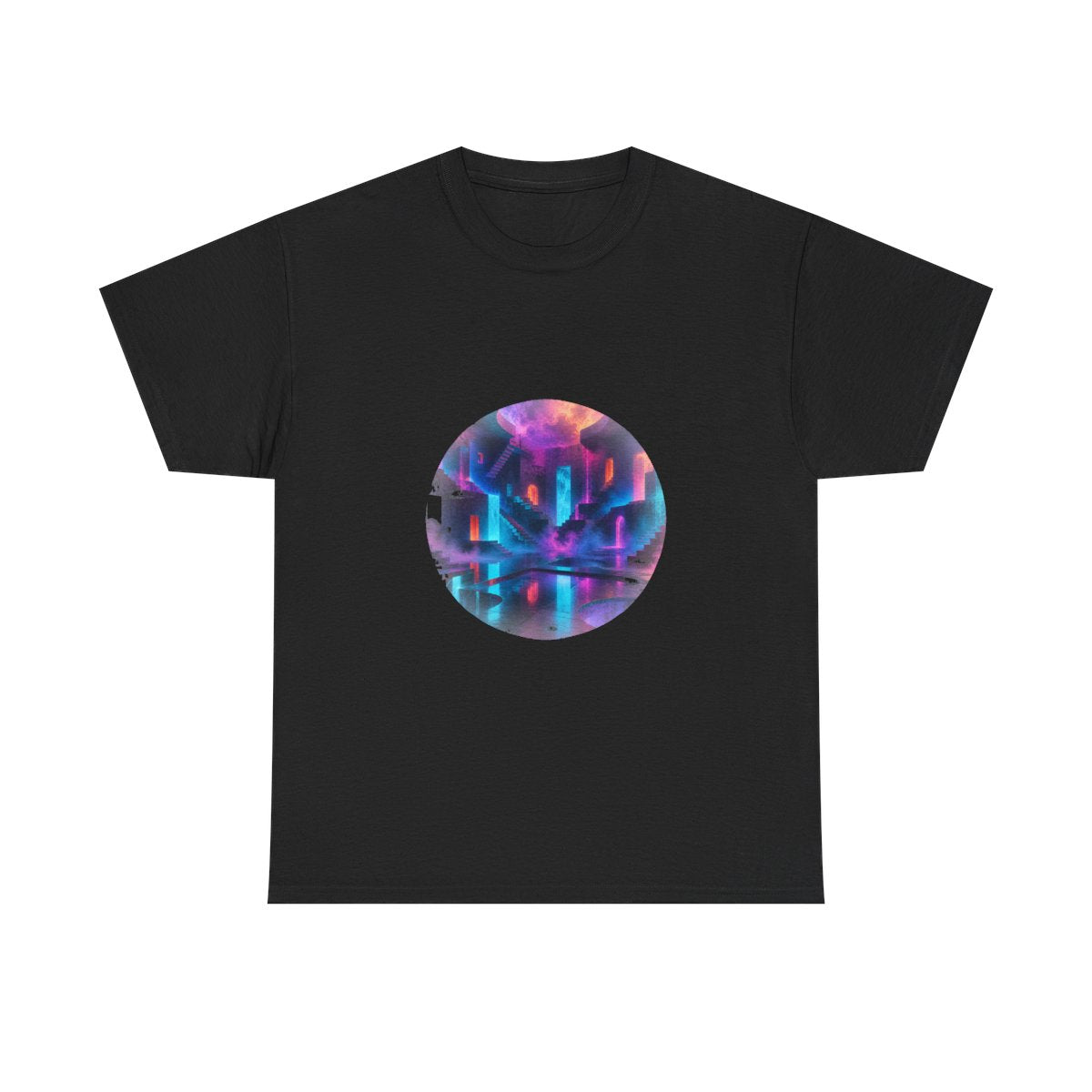 Liminal Neon Reservoir KOSVYRE graphic tee product mockup, front view