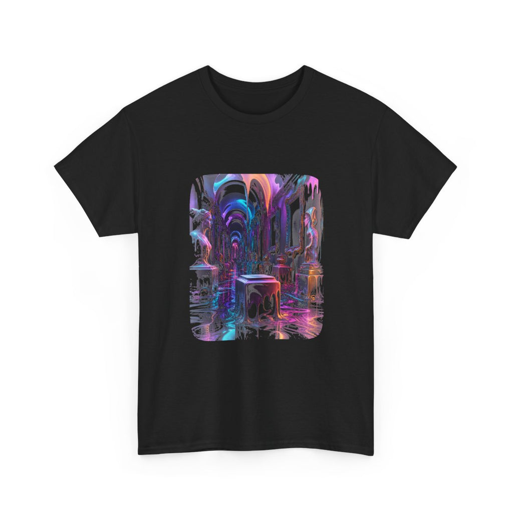 Melted Museum Relay KOSVYRE graphic tee product mockup, alternate front view
