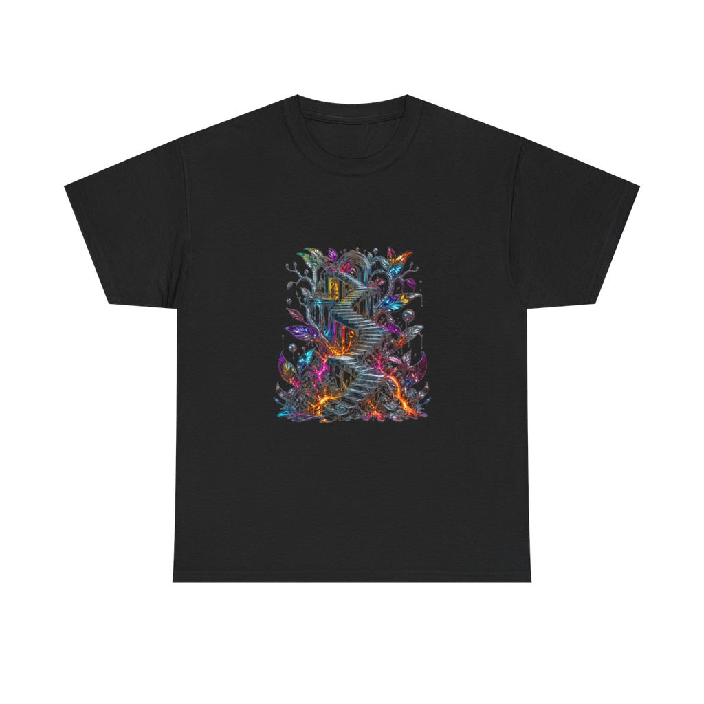 Molten Stairwell Garden KOSVYRE graphic tee product mockup, front view
