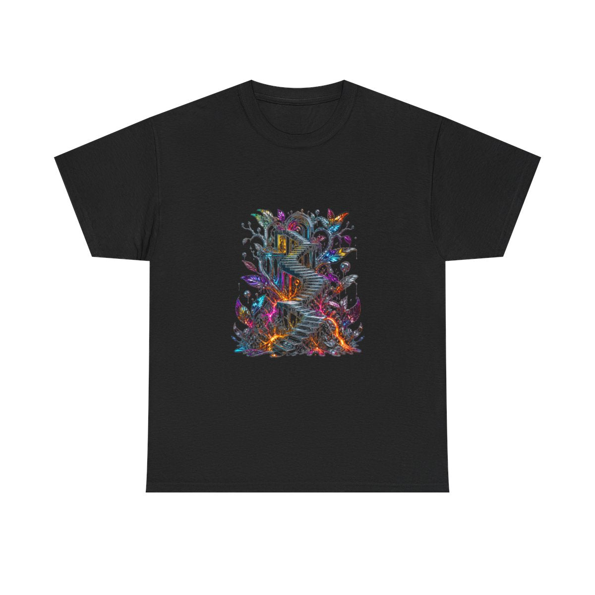 Molten Stairwell Garden KOSVYRE graphic tee product mockup, front view