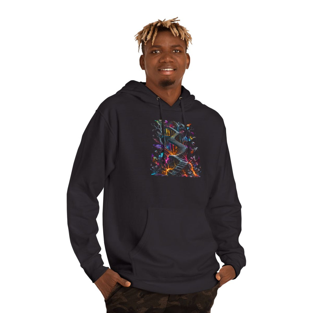 Molten Stairwell Garden KOSVYRE hoodie product mockup, person 2 front view