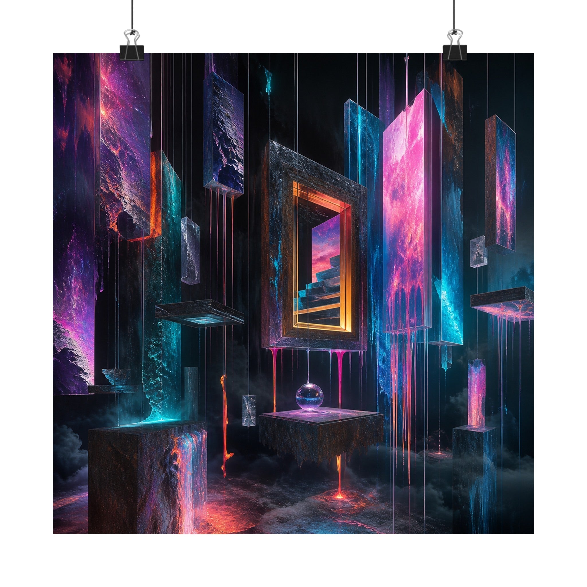 Museum of Falling Light satin art print displayed with black binder clips