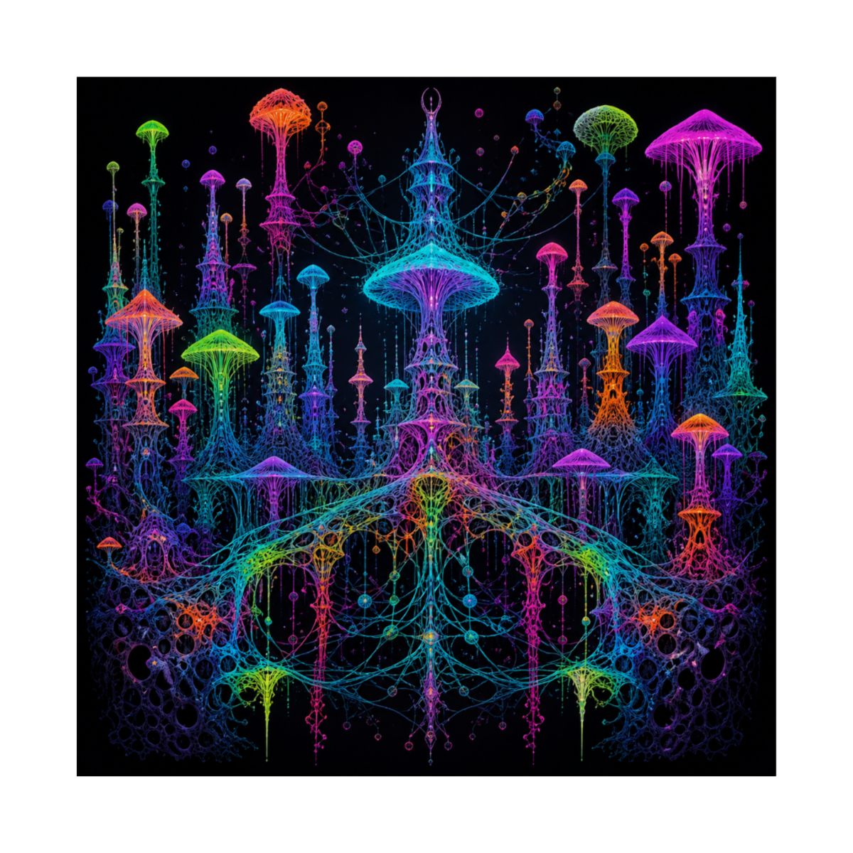 Neon Mycelial Parliament KOSVYRE art print product mockup, front view
