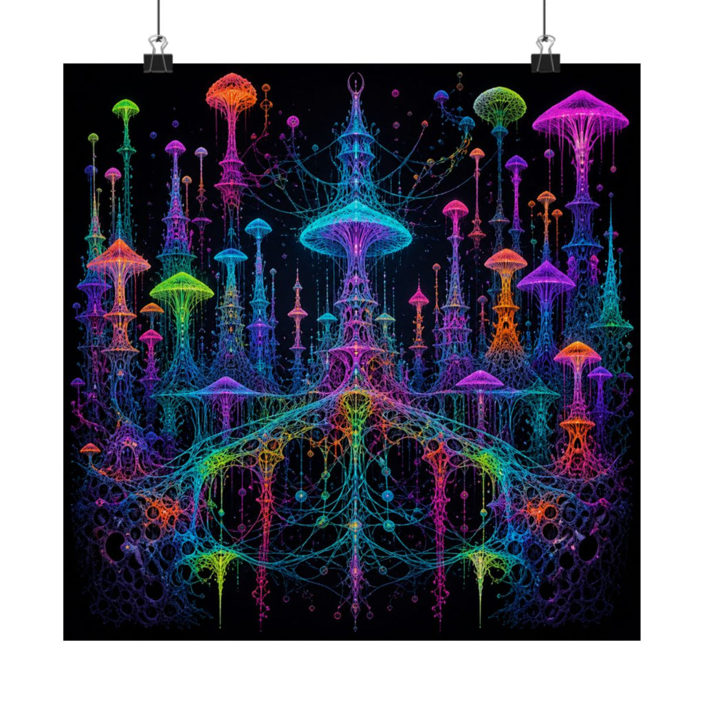 Neon Mycelial Parliament KOSVYRE art print product mockup, alternate front view