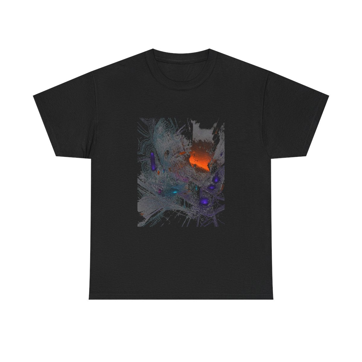 Neon Ruin Cartograph KOSVYRE graphic tee product mockup, front view