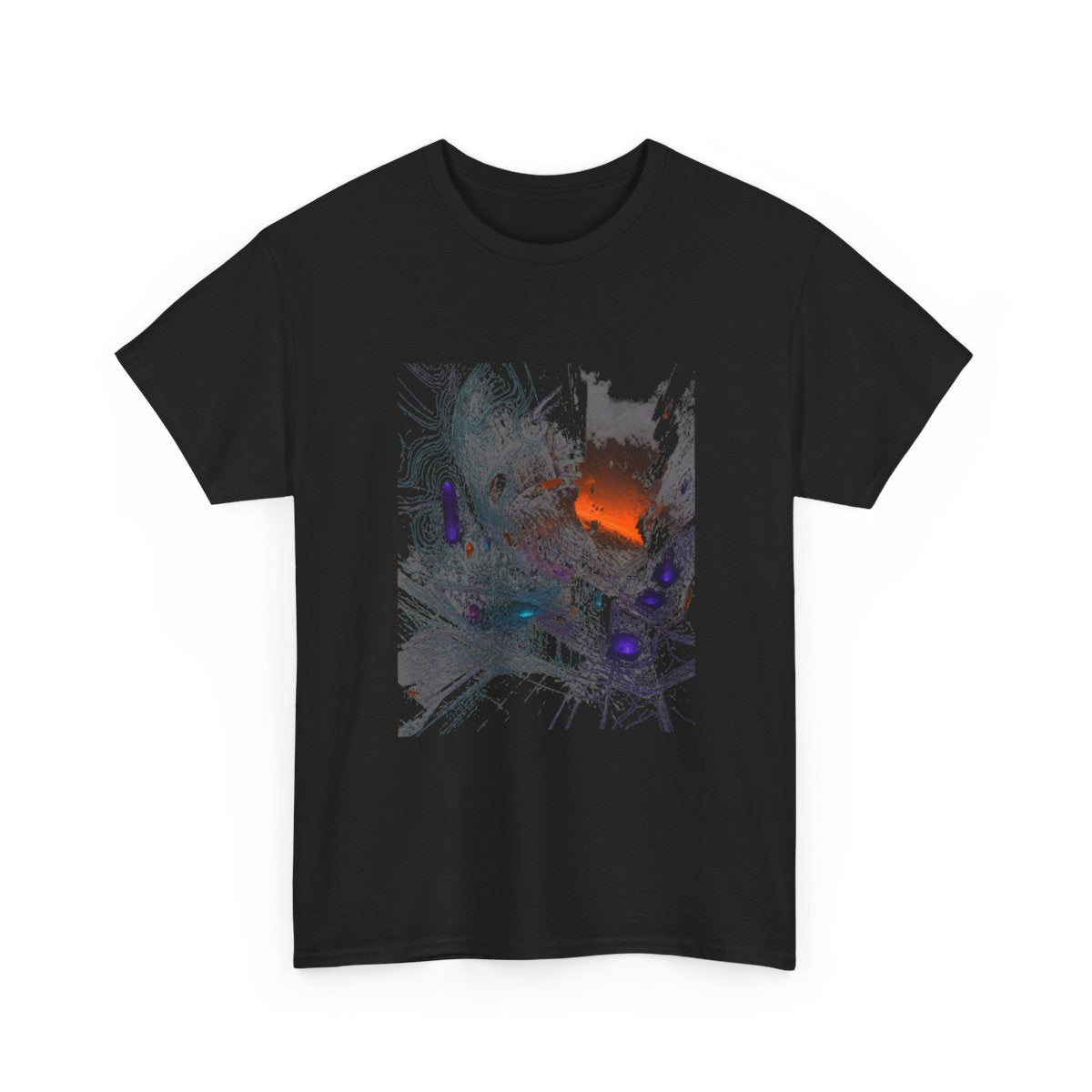 Neon Ruin Cartograph KOSVYRE graphic tee product mockup, alternate front view