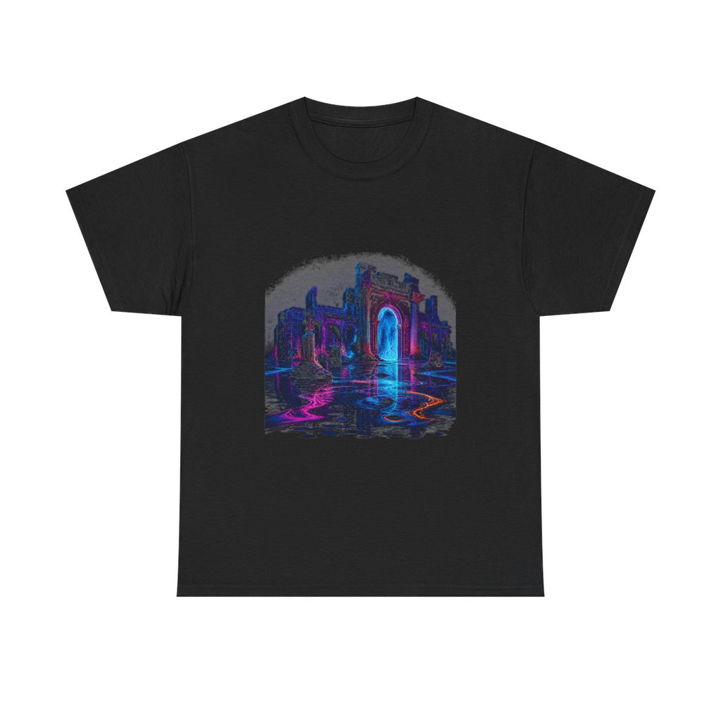 Neon Ruins at Low Tide KOSVYRE graphic tee product mockup, front view