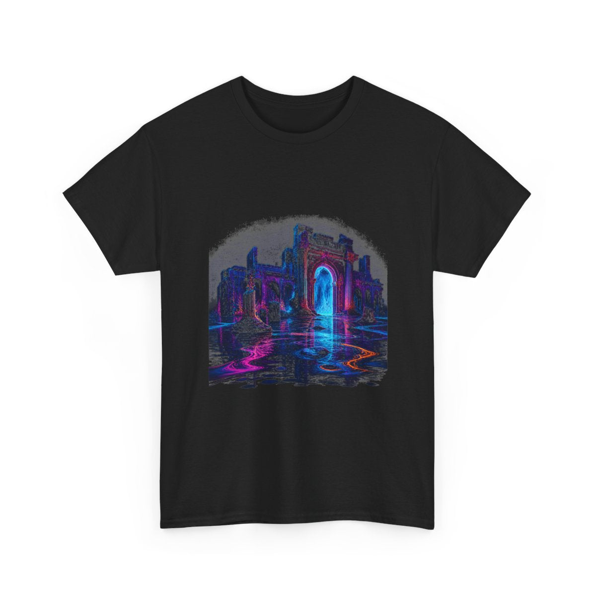 Neon Ruins at Low Tide KOSVYRE graphic tee product mockup, alternate front view