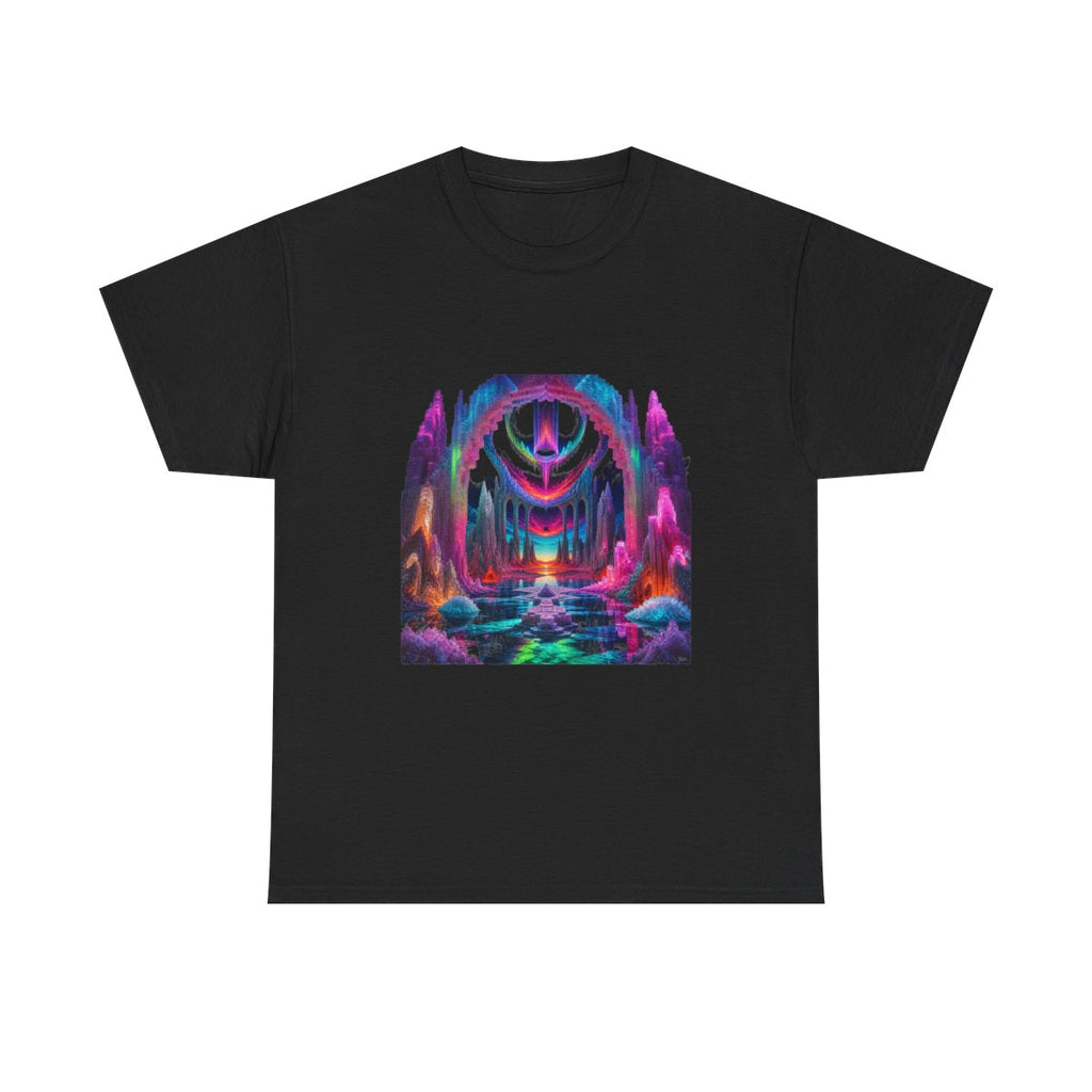 Neon Salt Cathedral KOSVYRE graphic tee product mockup, front view