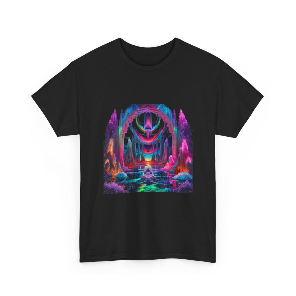 Neon Salt Cathedral KOSVYRE graphic tee product mockup, alternate front view