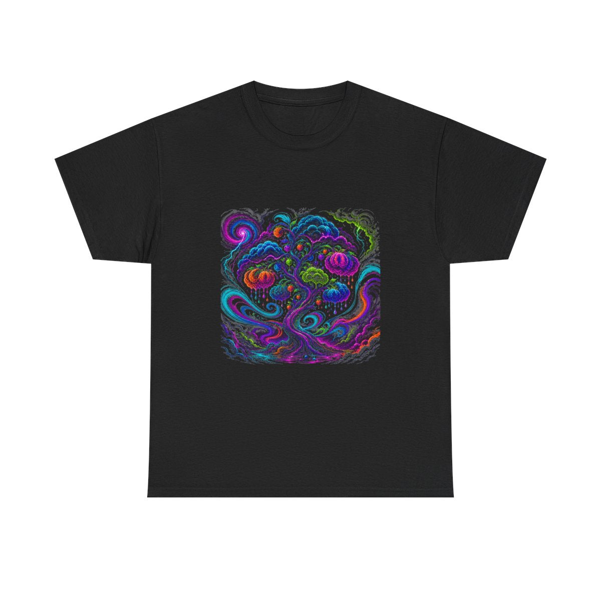 Neon Weather Orchard KOSVYRE graphic tee product mockup, front view