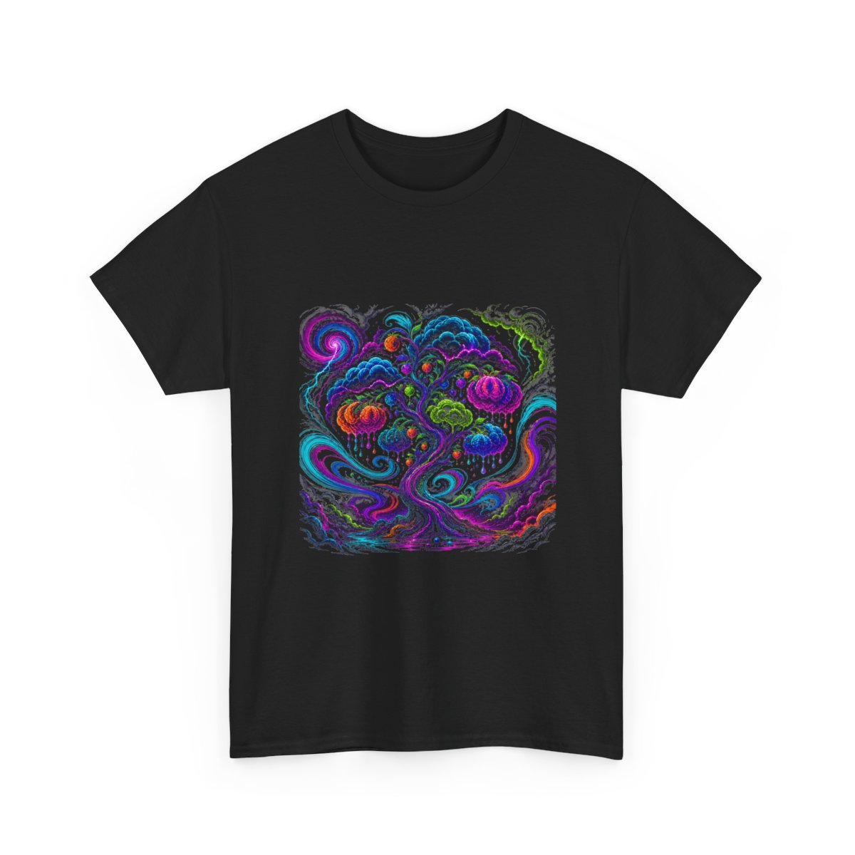 Neon Weather Orchard KOSVYRE graphic tee product mockup, alternate front view