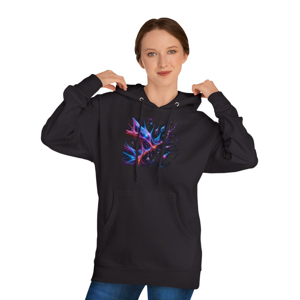 Null Meridian Bloom KOSVYRE hoodie product mockup, person 1 front view